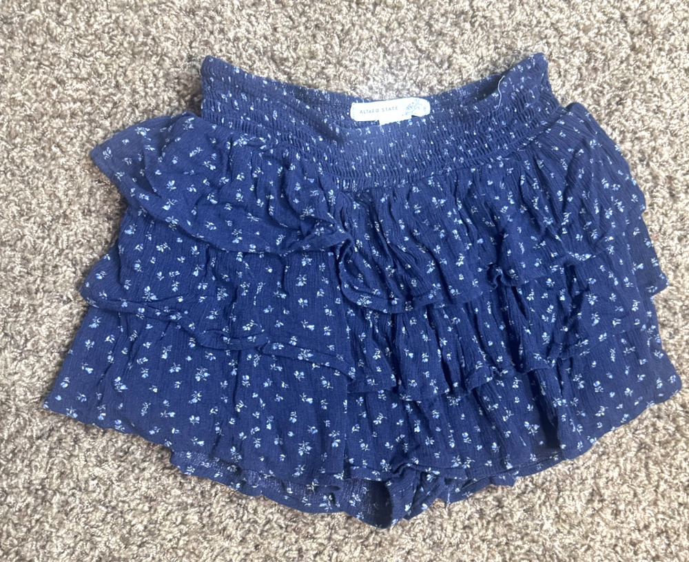 Altar'd State Floral Ruffle Skort Navy Blue Boho Smocked Tiered Mini sz XS